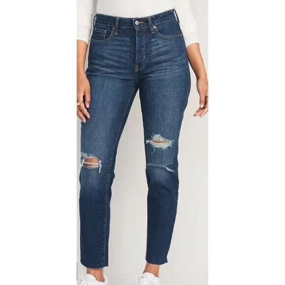 Old Navy High Rise The O.G, Straight Leg Distressed Raw Hem Jeans Blue 12 - Picture 1 of 12